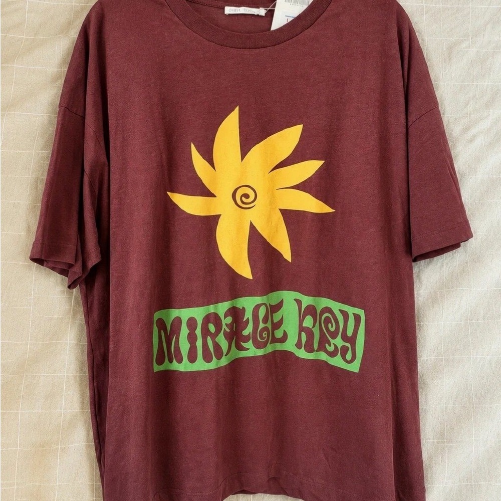 Zara Burgundy Tee with Yellow Sun & Green 'Mirage Key' Print